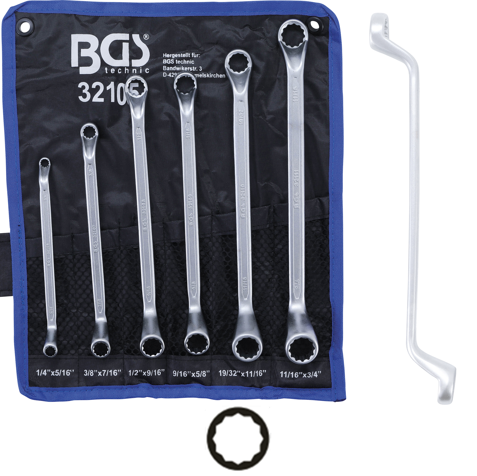 Kľúče očkové obojstranné, vyhnuté, palcové 1/4" - 3/4", 6 dielov, BGS 32105
