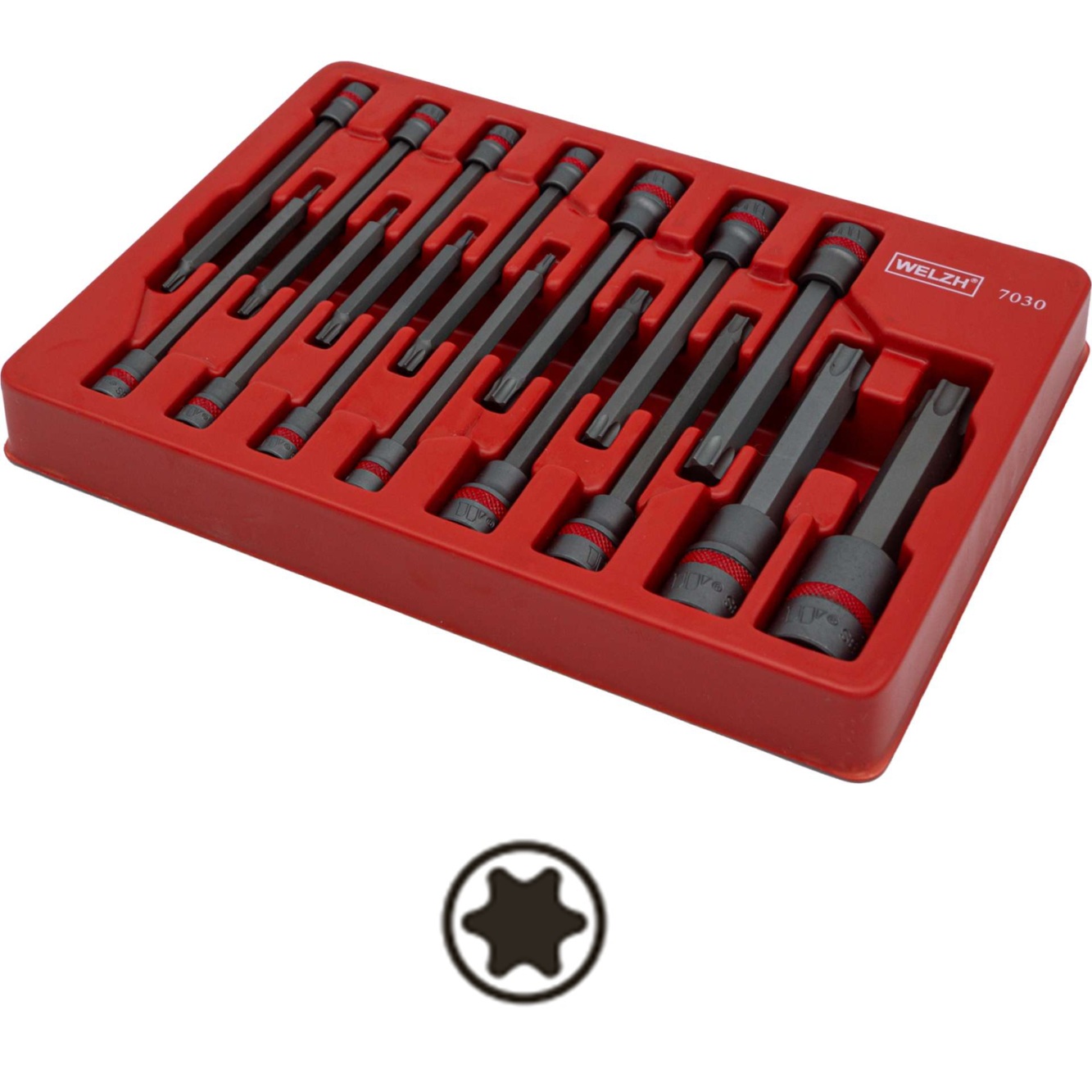 Hlavice zástrčné 1/4", 3/8", 1/2", T-profil T6 - T70, SE-V oceľ, dĺžka 110 mm, 15 dielov, Welzh 7030-WW