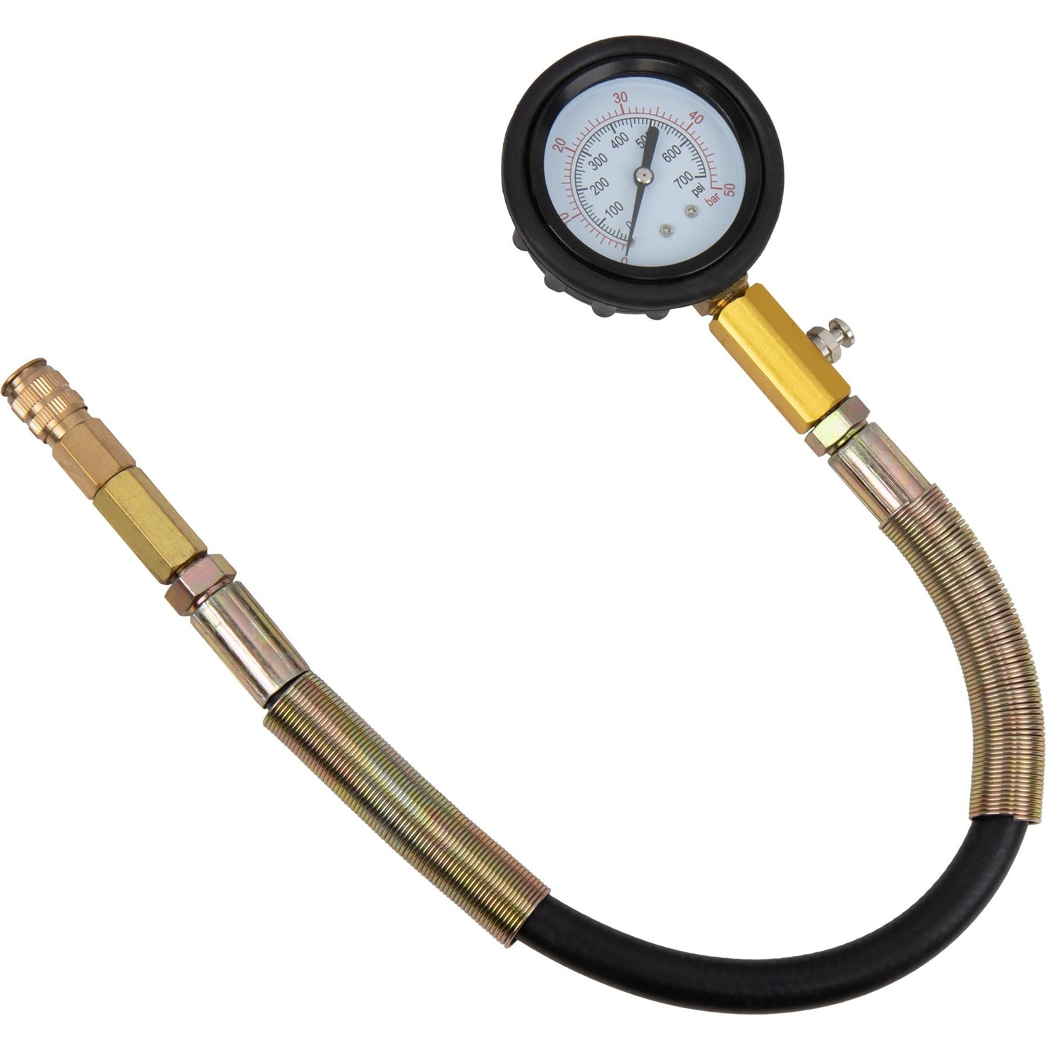Manometer na testovanie kompresie benzínových a naftových motorov, manometer 50 bar, hadica 520 mm, spojka NW5, pre REPTOOLS 123508, REPTOOLS 123373