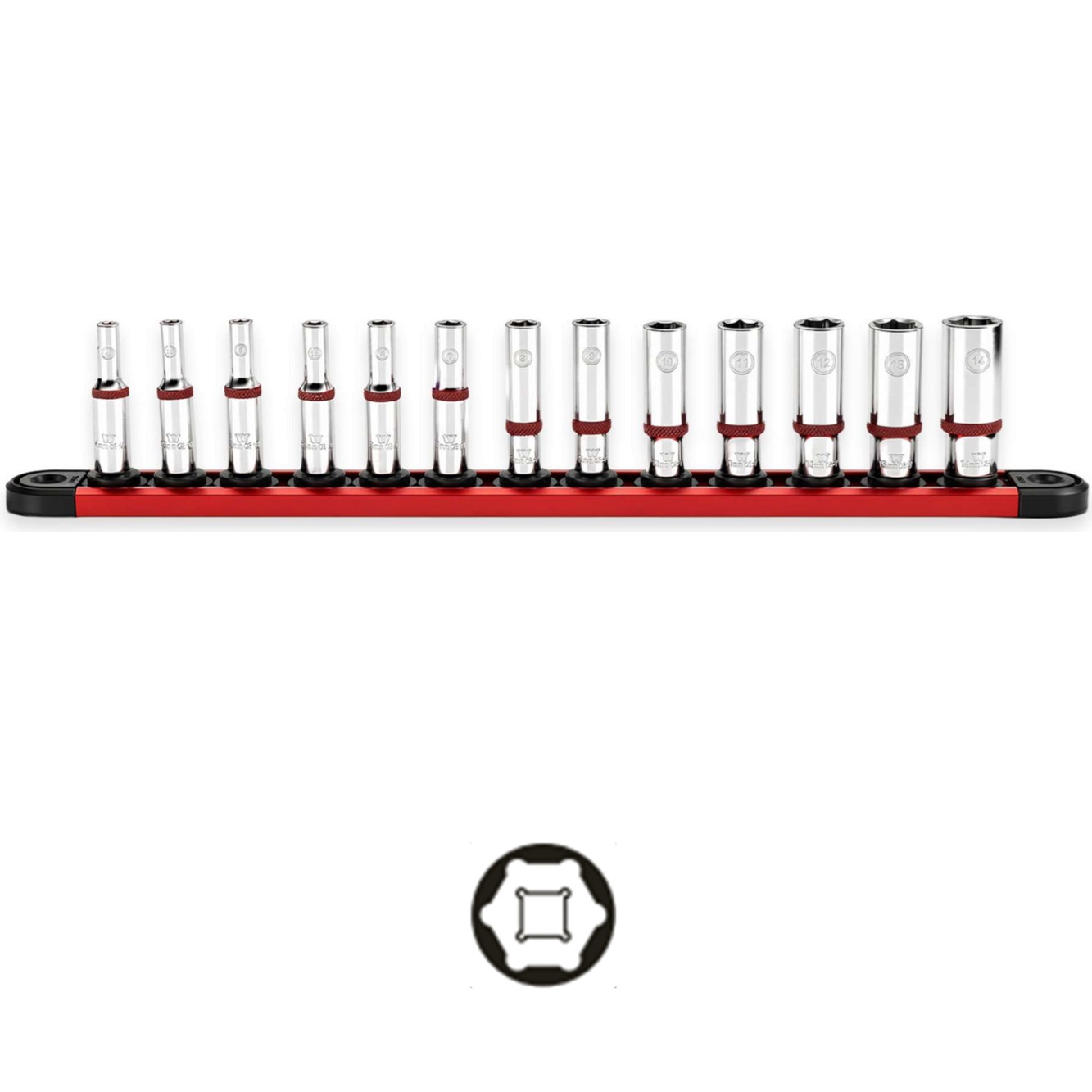 Hlavice nástrčné 1/4", 6-hran, predĺžené, 4 - 14 mm, na magnetickej koľajničke, 13 dielov, Welzh 6512-WW