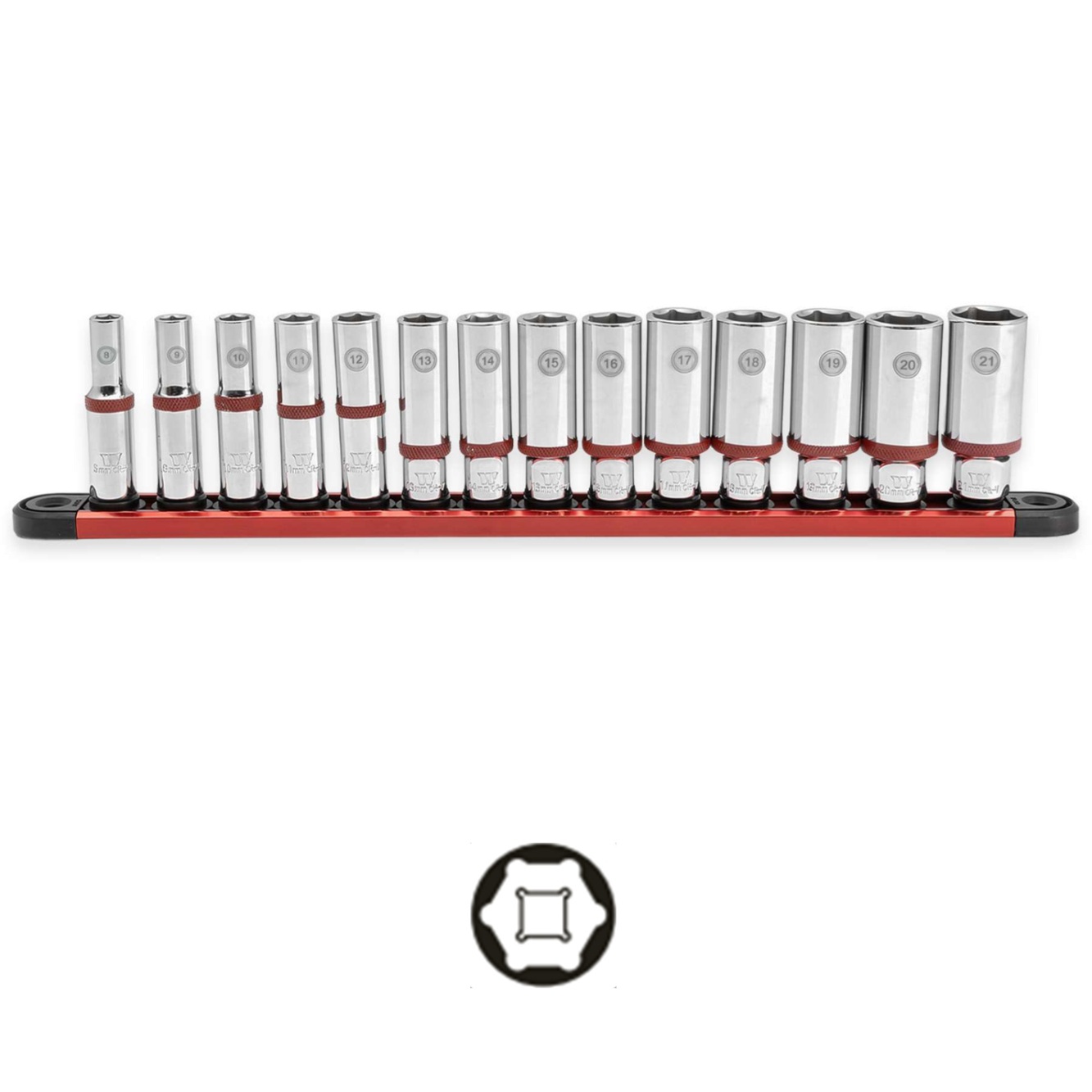 Hlavice nástrčné 3/8", 6-hran, predĺžené, 8 - 21 mm, na magnetickej koľajničke, 14 dielov, Welzh 6510-WW