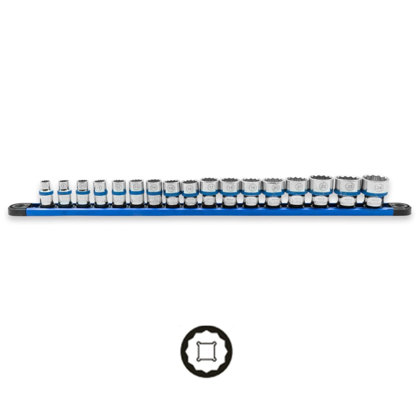 Hlavice nástrčné 1/2", 12-hran, 10 - 24 mm, na magnetickej koľajničke, 15 dielov, Welzh 6806-WW