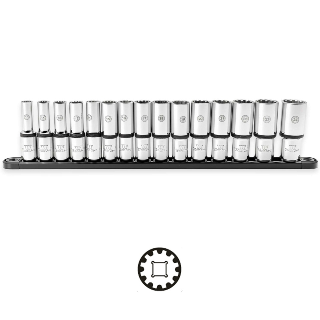 Hlavice nástrčné 1/2", Gear Lock, predĺžené, 10 - 24 mm, na magnetickej koľajničke, 15 dielov, Welzh 6807-WW