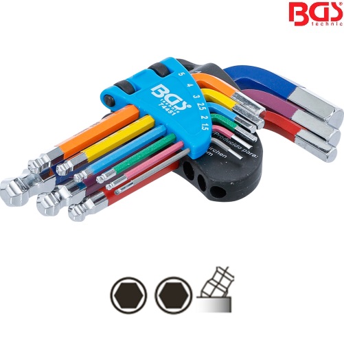 Kľúče L, viacfarebné, krátke, imbus / imbus s guľou, 1,5 - 10 mm, 9 dielov, BGS 74451