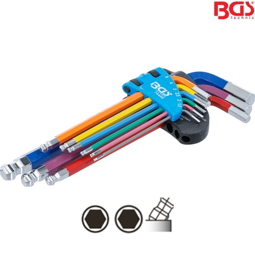 Kľúče L, viacfarebné, imbus / imbus s guľou, 1,5 - 10 mm, 9 dielov, BGS 74452