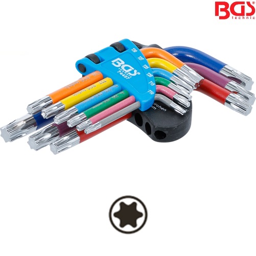 Kľúče L, viacfarebné, krátke, T-profil T10 - T50, 9 dielov, BGS 74457