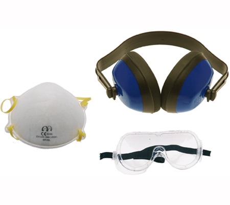 Respirátor proti prachu, ochranné okuliare a tlmič hluku, 3 diely