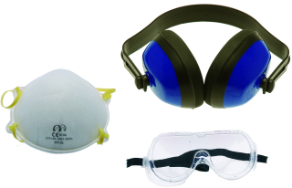 Respirátor proti prachu, ochranné okuliare a tlmič hluku, 3 diely